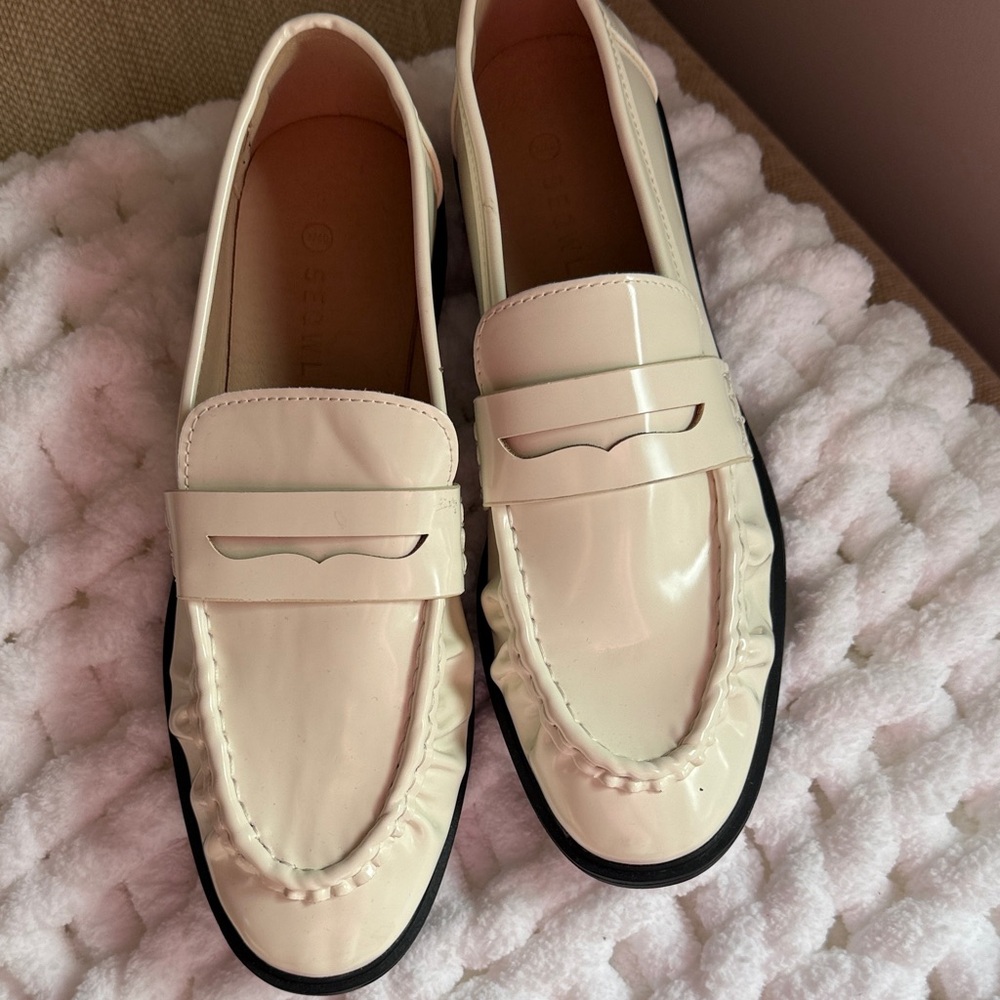 Patent Cream Penny Loafers for Women